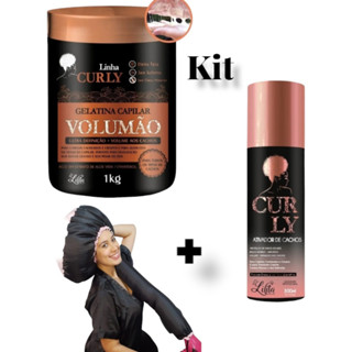 Kit Definição dos cachos Ativador curly de cachos com gelatina geleia para cabelo cacheado e touca secadora difusora de cetim