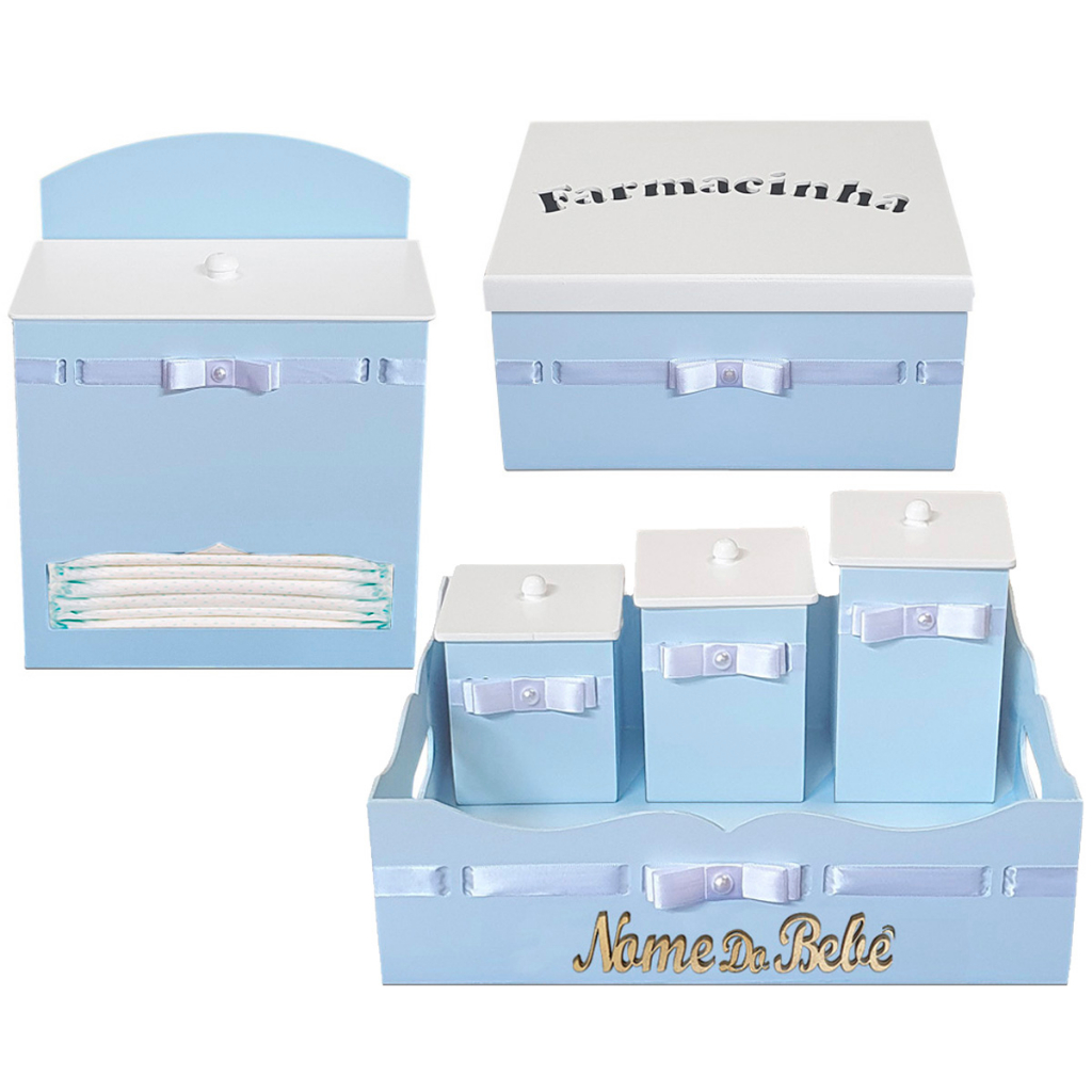 Kit Higiene Porta Fralda Azul Bebê em Madeira com 6 Peças Personalizado com nome. em Oferta na Shopee