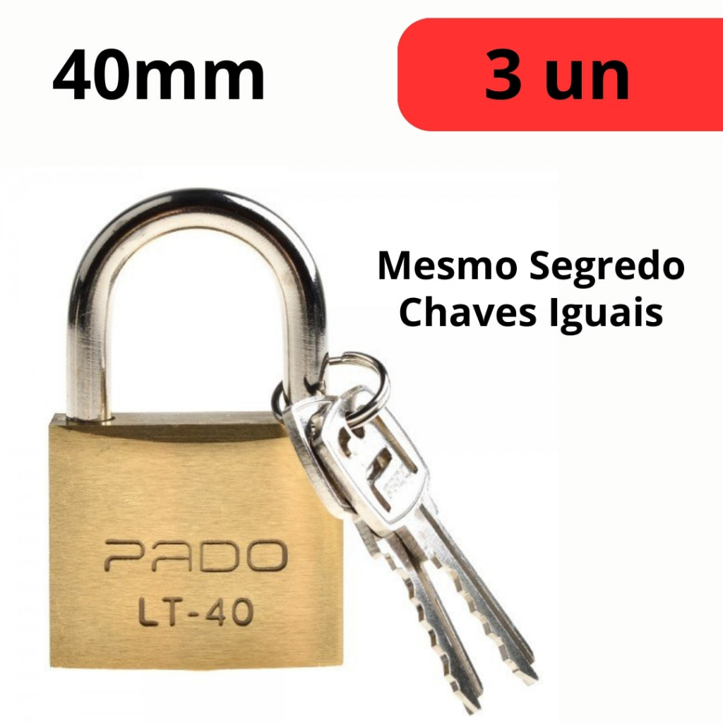 Kit 3 Cadeado 40mm Pado mesmo segredos iguais mesma chave em Oferta na Shopee