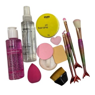 KIT 13 PEÇAS MAQUIAGEM: Água micelar, Bruma, Pó Banana, esponjas e pincéis