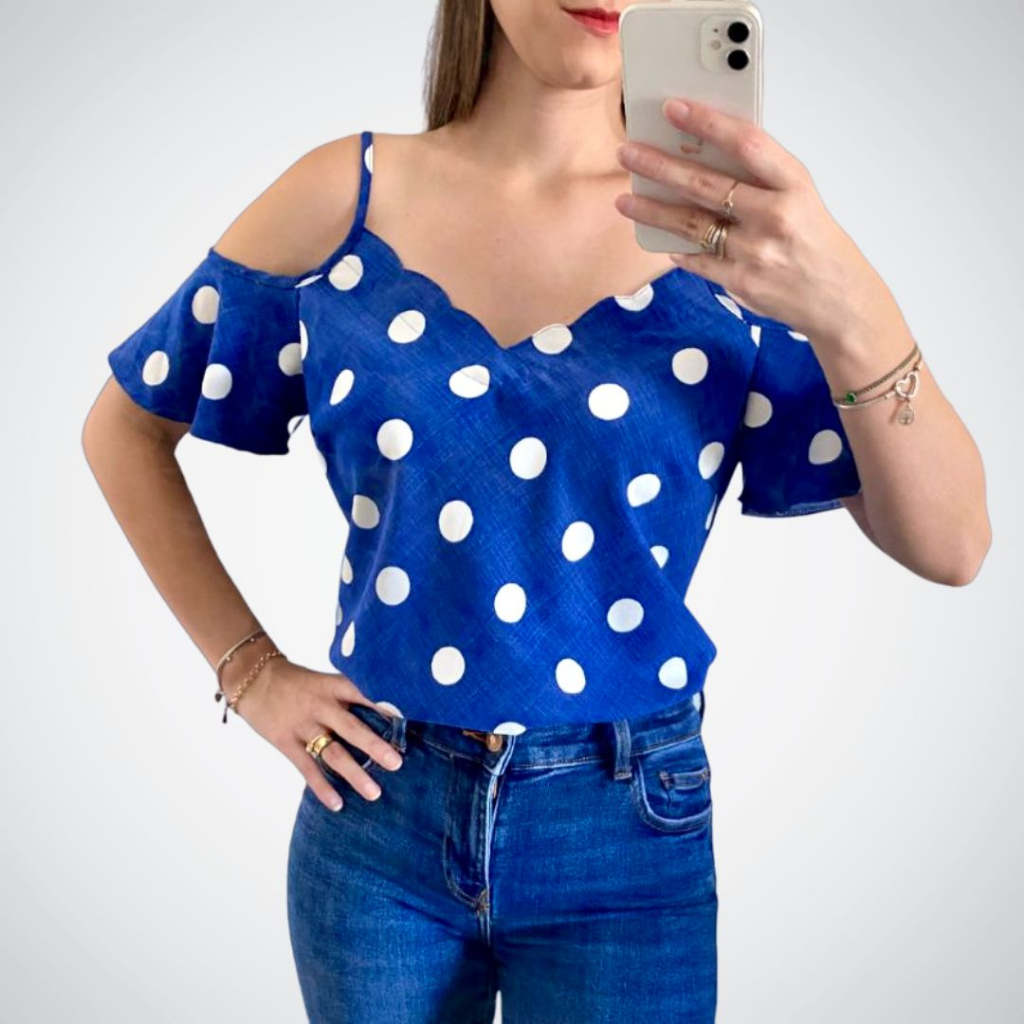 Blusa Feminina Azul Ciganinha Bolinha Poa Poá Bola Com Alça Regulável Blusinha Onça Oncinha Animal Print Alcinha Inverno Verão Crepinho dia dos pais