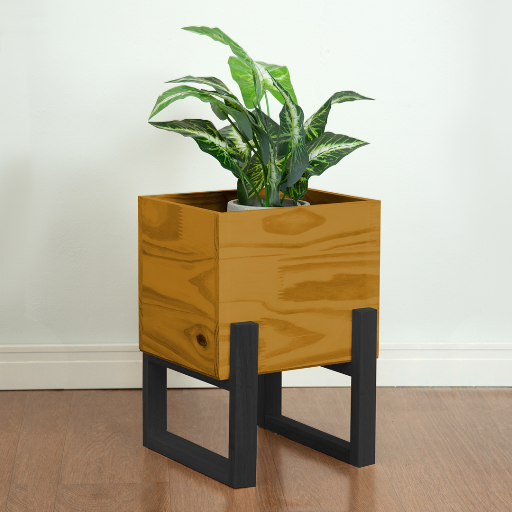 Vaso Cachepo de Madeira Quadrado, Estilo Industrial MADEIRA MACIÇA, Mel / Preto - Direto de Fábrica
