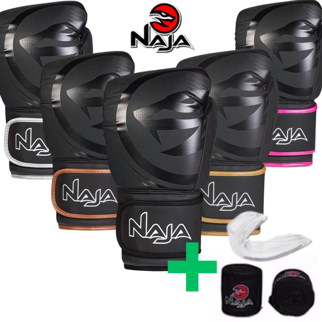 Kit luvas de Boxe Muay Thai Naja Black + Bandagem + Protetor Bucal em Oferta na Shopee