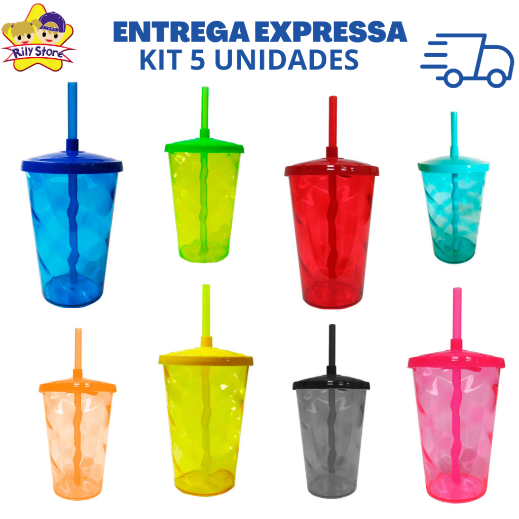 Kit 5 Unidades Copo Twister 350ML Com Canudo - Diversas Cores