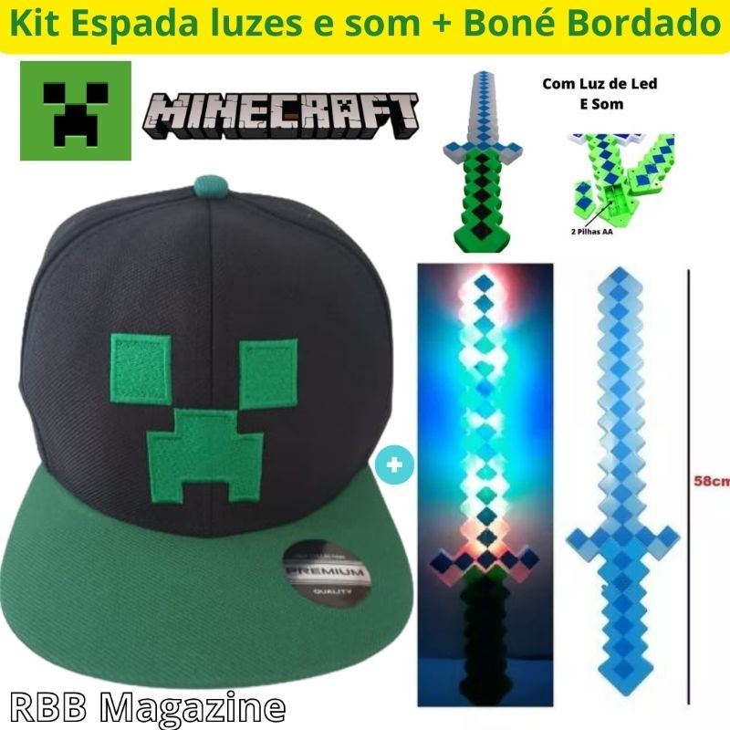 Boné bordado infantil para meninos aba reta+ brinquedo musical com luzes minecraft em Oferta na Shopee