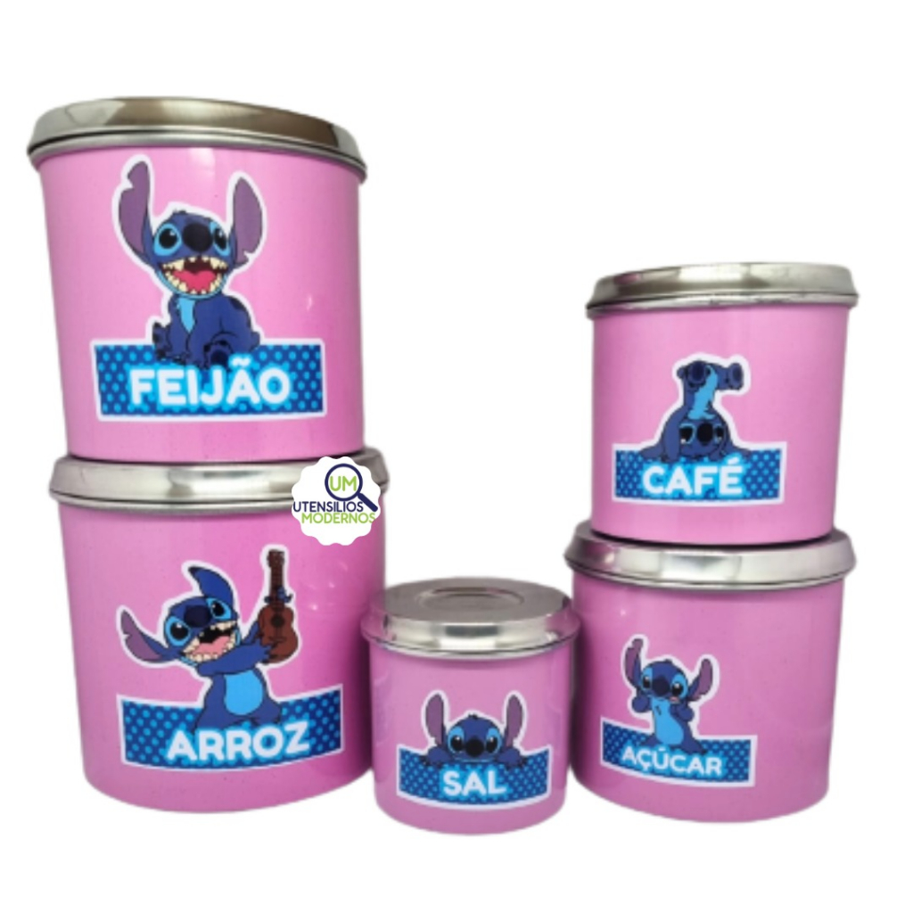 Jogo de Mantimentos em Alumínio Stitch 5 Potes Lata Rosa Bebê