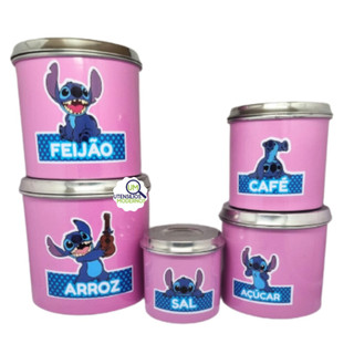 Jogo de Mantimentos em Alumínio Stitch 5 Potes Lata Rosa Bebê