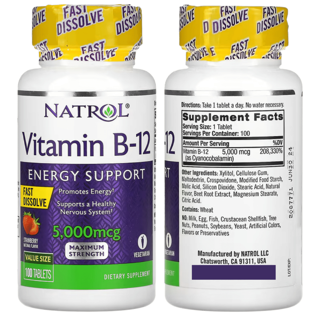 Vitamina B12 Natrol 5000mcg 100 caps sublingual rápida absorção sabor morango vegetariana Original Importado EUA