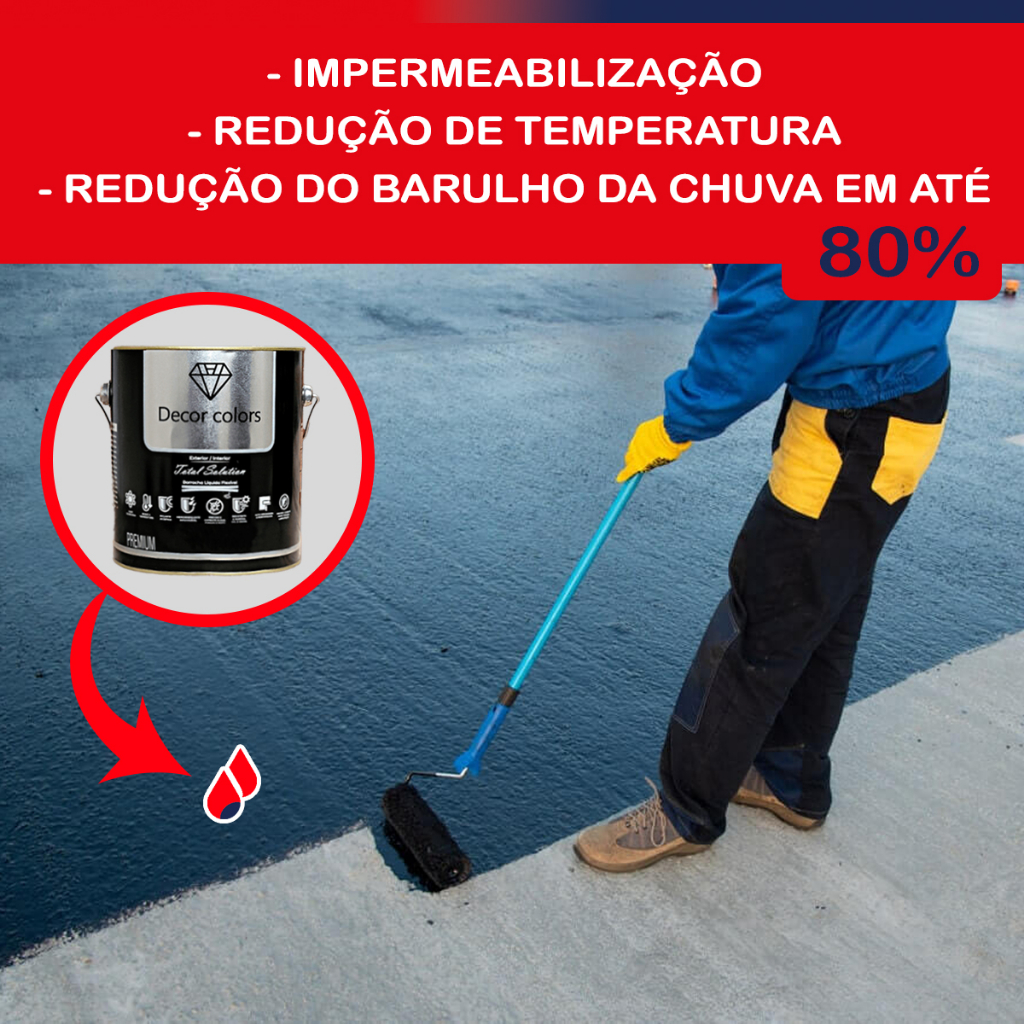 Tinta Borracha Líquida Emborrachado Solução Total Decor Colors 3,6Lts 51M² Para Parede Telhado Piso Lage Micro Fissuras Rachaduras Vazamento Impermeabilização Vedamento Vedação Casa Industria Alta Durabilidade Manutenção Residencial Proteção Contra Som