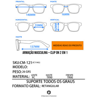 Óculos Armação Masculino + Clip On 2 Em 1 CM121