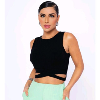 Blusa cropped top tendência feminina canelado cavado transpassado