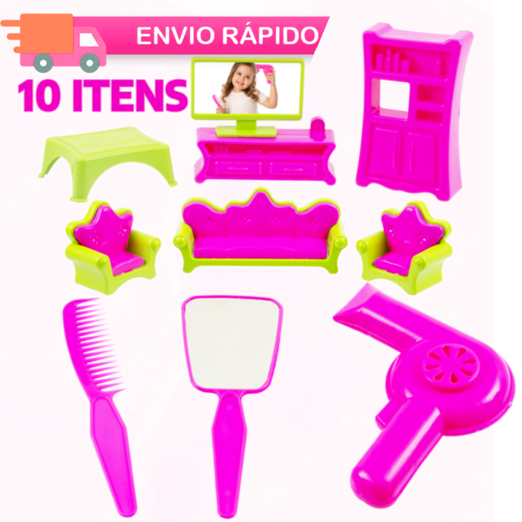 Kit Estilo Barbie: Secador, Espelho, Pente, Jogo de Poltrona, Kit Sala | 3 Caixas de Brinquedos de Princesa Imaginação em Oferta na Shopee
