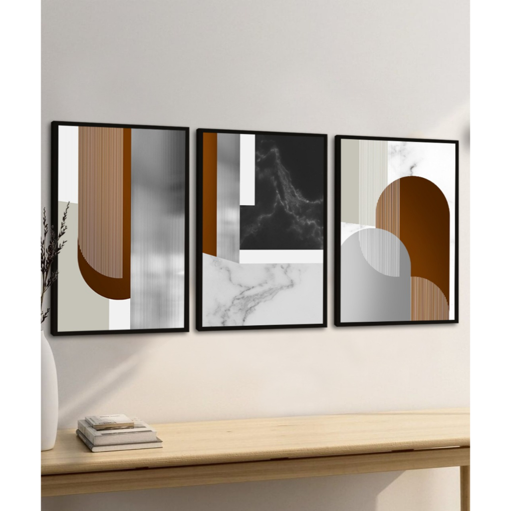kit 3 quadros abstrato geométrico marrom tons marrons terracota tons terrosos com molduras
