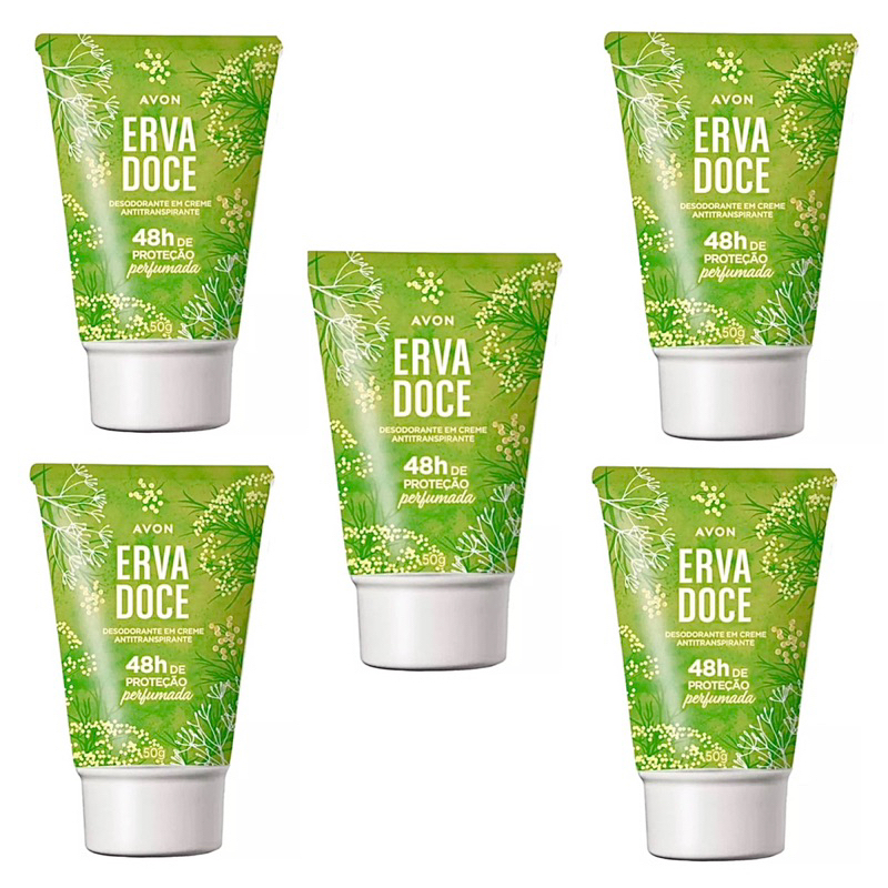 Kit com 5 Desodorantes em Creme Erva Doce Avon 50g