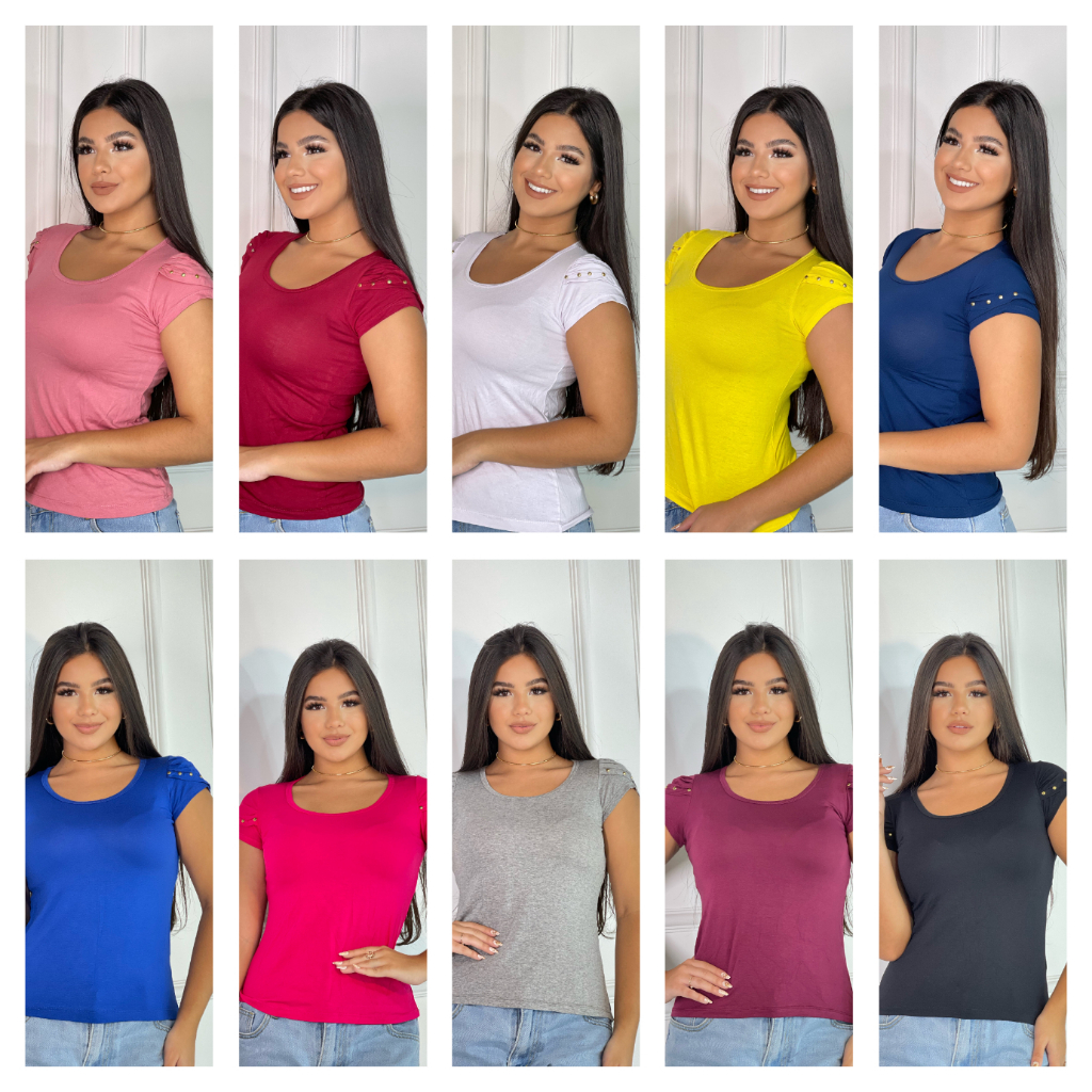 Kit 5 Blusas feminina básica t-shirt detalhe na manga