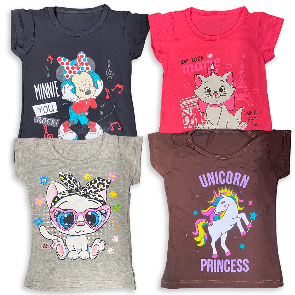 Kit 02 Camiseta Manga Curta Menina Verão Estampada Personagem