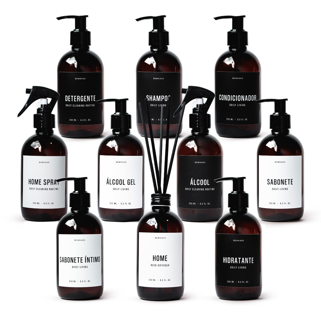 Frasco Ambar 250 Ml Diversos Rótulos Minimalista Decoração Banheiro Escandinavo Bemhaus Sabonete Shampoo Home Spray Pote