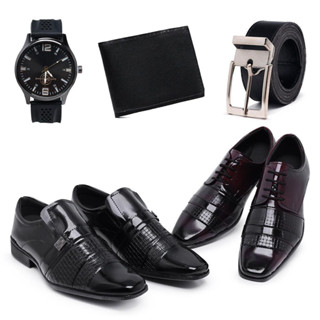 Kit 2 Pares Sapato Social Masculino Verniz Moda Evangélica Class Stylo Igreja Carteira E Cinto Promoção