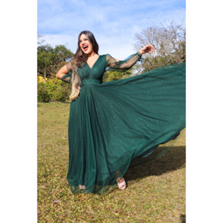 Vestido de festa moda evangelica cristã com manga longa com brilho Laço
