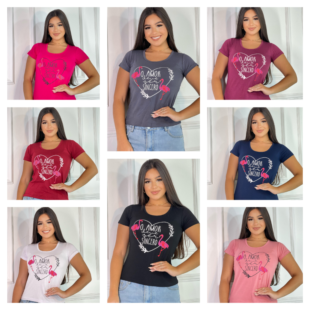 KIT 3 Blusas Feminina T-shirt flamingo Manga curta