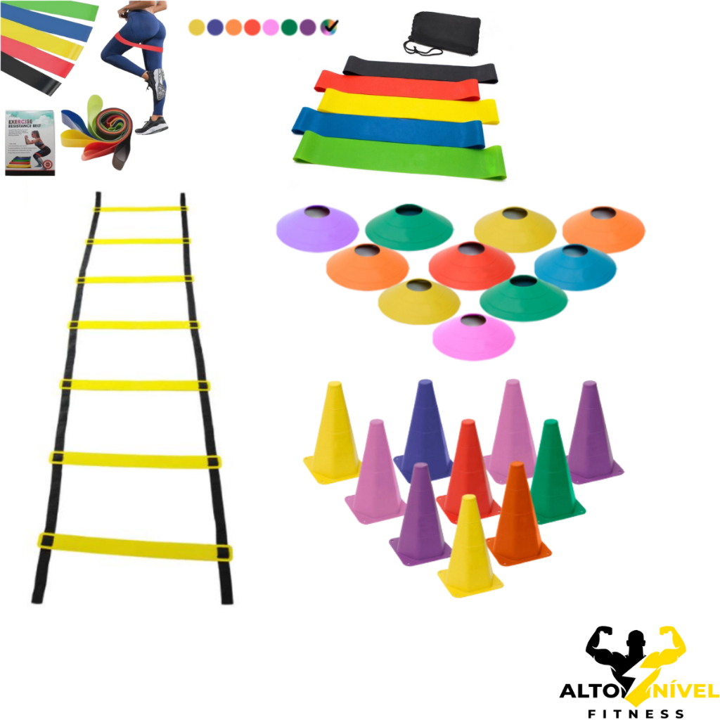 Kit Funcional Treino Agilidade 10 Cones 10 Chapeus Chines Escada 7 Degraus 1 Kit 5 Faixas Mini Bands
