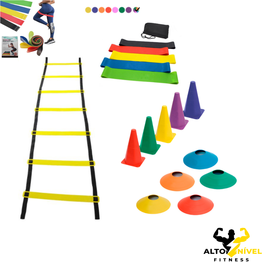 Kit Funcional Agilidade 05 Cones 05 Chapéus Chinês Escada 7 Degraus 01 Kit 5 Faixas Mini Bands