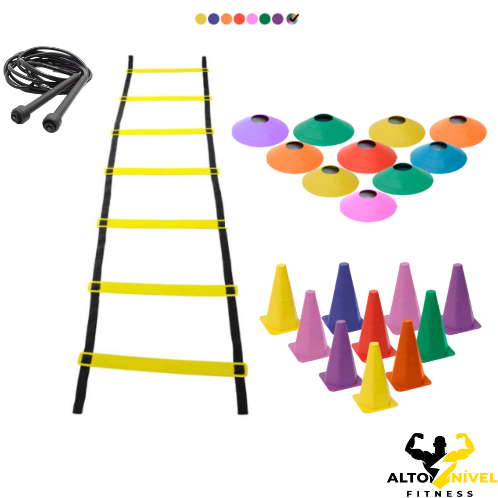 Kit Agilidade 10 Cones 10 Chapéus Chines + Escada 7 Degraus + 01 Corda Pular em Oferta na Shopee