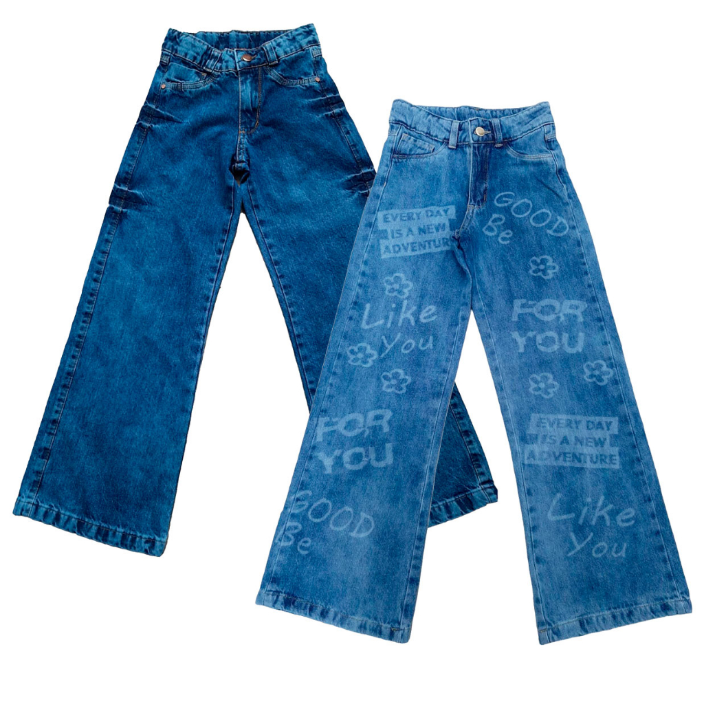 Kit 2 Calças Jeans Feminina Infantil Juvenil Pantalona Wide Leg (6239-26)
