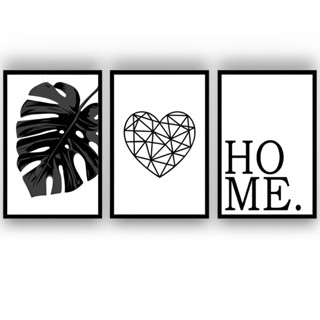 Kit 3 Quadros Folhagem Preto e Branco Home Decoração De Casal Corredor Hall Moderno Trio Conjunto