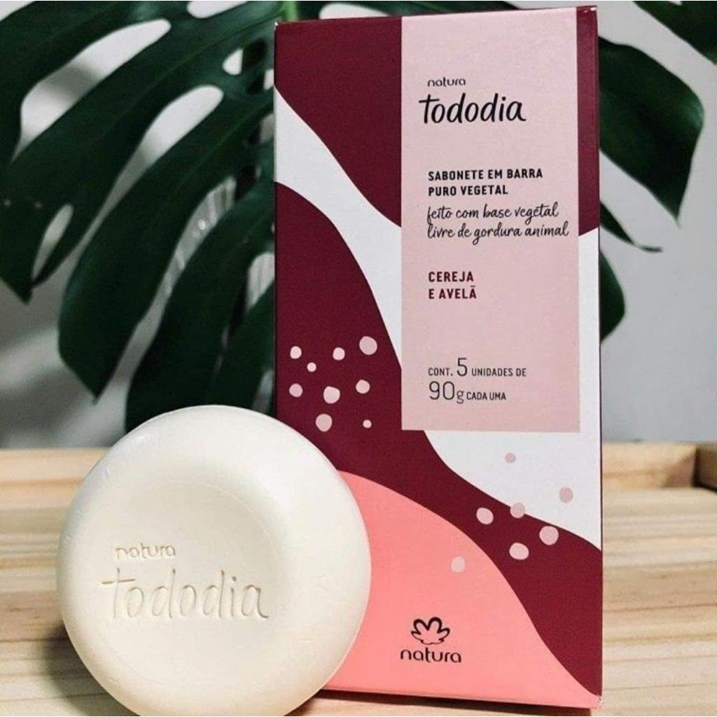 SABONETE EM BARRA PURO VEGETAL NATURA TODO DIA CEREJA E AVELÃ CAIXA COM 5 UNIDADES 90g/cada Marca: Natura