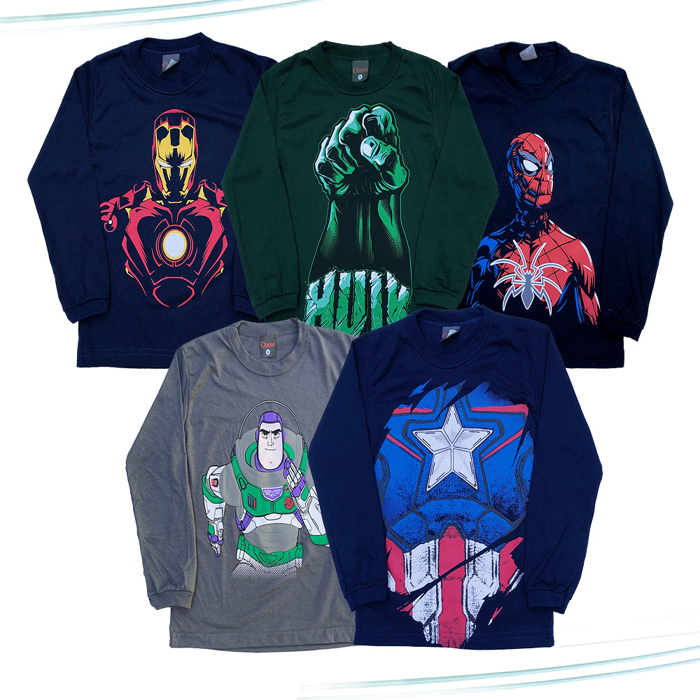 Kit 5 Camisetas Infantil Menino Personagens Manga Longa Roupa Juvenil Estampada Tam 1 ao 8