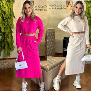 Conjunto Saia Midi Mais Cropped manga longa super confortavel tendencia e estilo vista-se bem.
