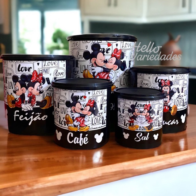 Potes kit Mantimento 5 peças plástico decorado kit armazenamento alimentos cozinha mickey minnie preto branco