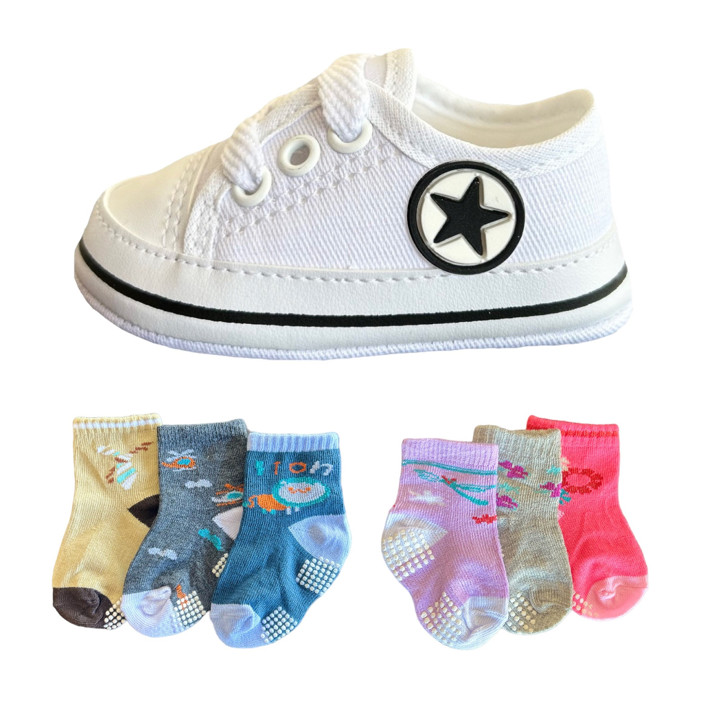 Kit Tênis Sapatinho e 3 Pares Meias para Bebê Recém Nascidos Menino e Menina Infantil Cano Baixo em Oferta na Shopee
