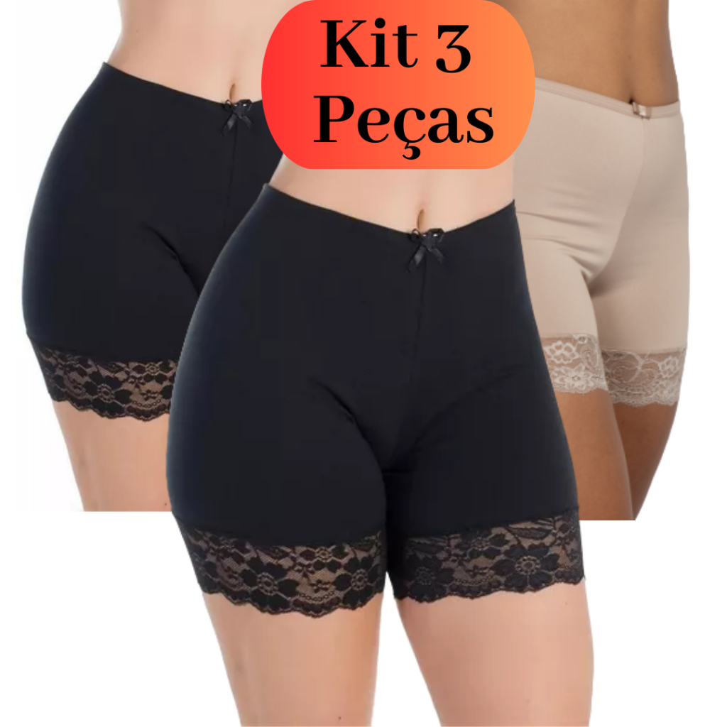 Kit 3 Short Anágua Segunda Pele com Renda Bermuda Feminina