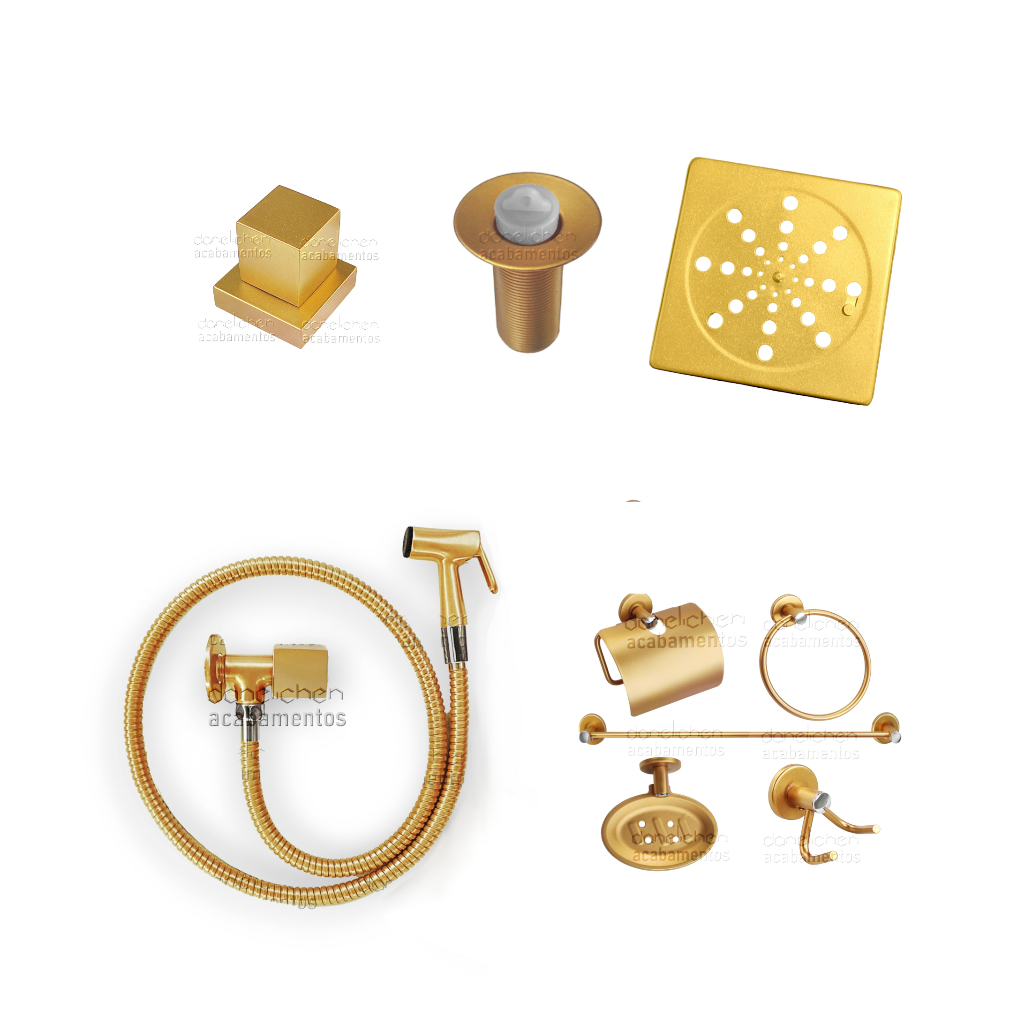 Kit De Acessórios Para Banheiro Dourado em Metal Ducha Higiênica Dourada Papeleira Saboneteira INOX Ralo Grelha Quadrado INOX 15 CM Dourado