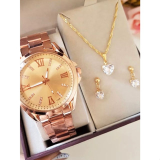 Relógio Feminino mulher F1 Rose dourado e prata com COLAR E BRINCO ZIRCONIA
