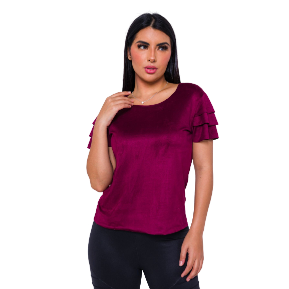 Blusa Blusinha Babado Manga Curta Feminina Roupa Aveludada Moda Suede Corte à laser Top