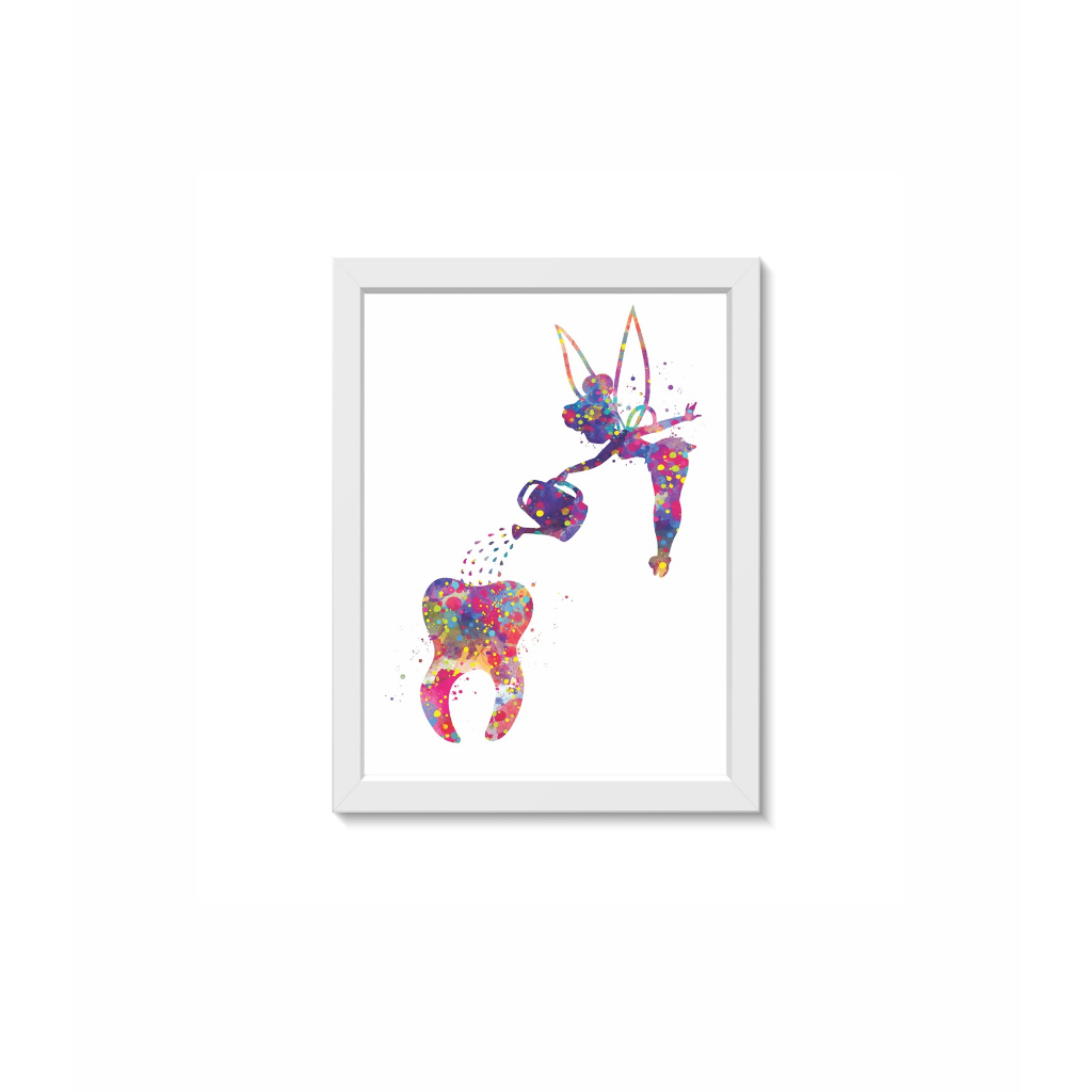 Quadro Decorativo Fada do Dente Aquarela Decoração Consultório Odontologico Infantil  Moldura 20x30cm Madeira