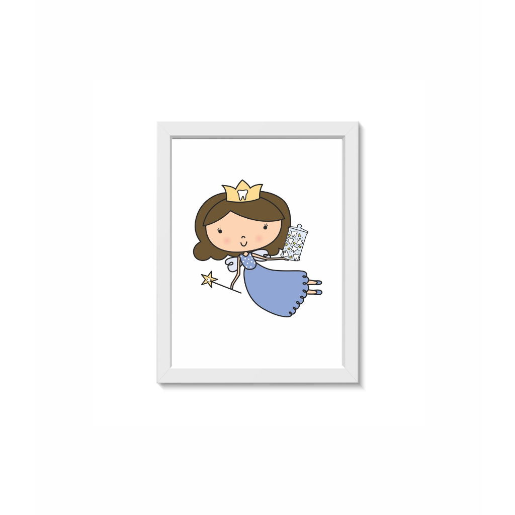 Quadro Decorativo Fada do dente  Consultório Odontologia Infantil Moldura 20x30cm Madeira