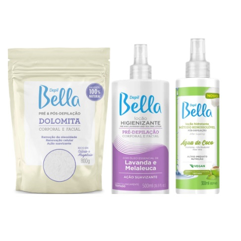 Kit Loção Pré Depilatória Lavanda e Melaleuca 500ml + Loção Pós Água de Coco 300ml + Dolomita 800g Depil Bella