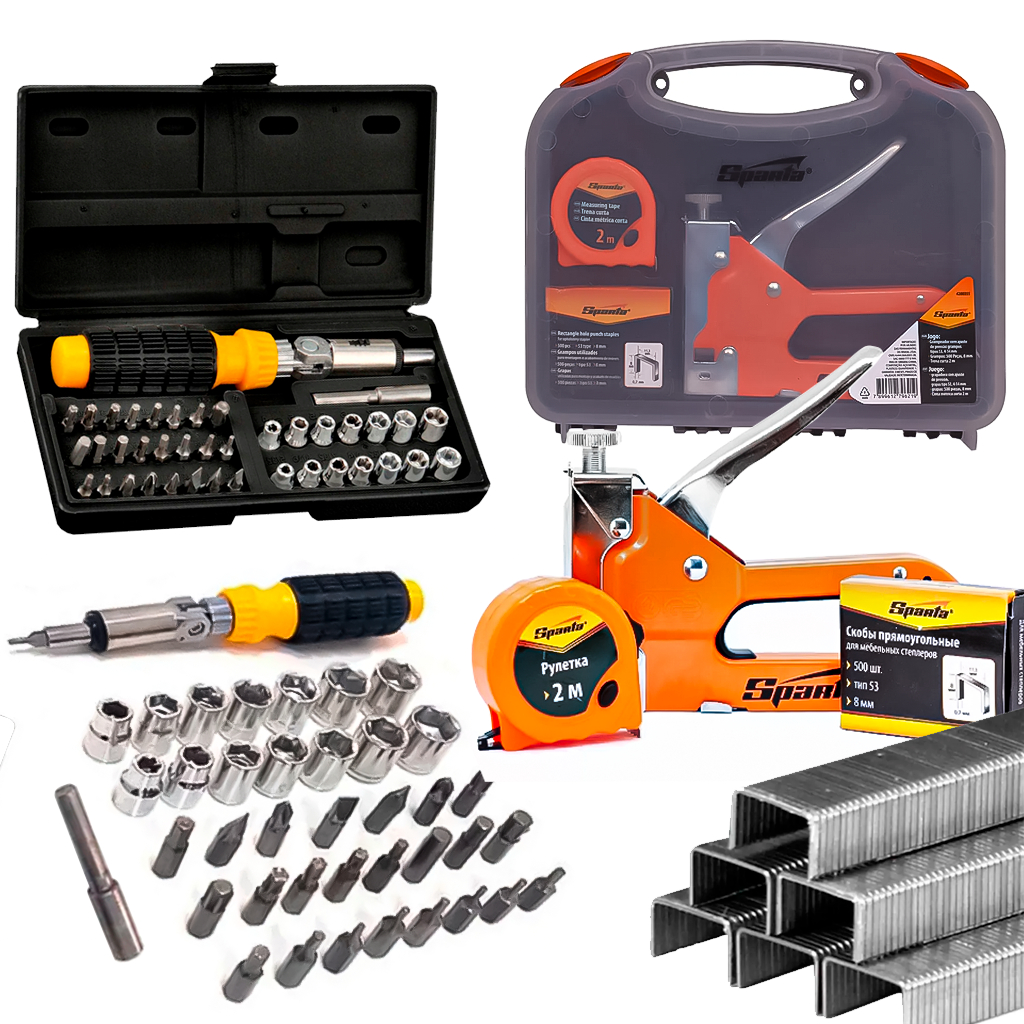 Kit Jogo De Ferramentas 44 Peças Soquetes Bits C/ Chave Catraca + Kit Grampeador - Home & Living