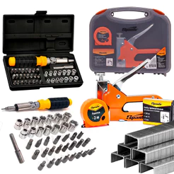 Kit Jogo De Ferramentas 44 Peças Soquetes Bits Com Chave Catraca Articulada + Kit Grampeador Trena