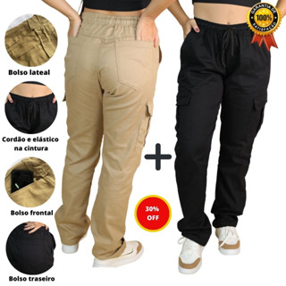2 Calça Cargo Feminina Sarja Larga Skate Parachute Soltinha Promoção Moda Inverno