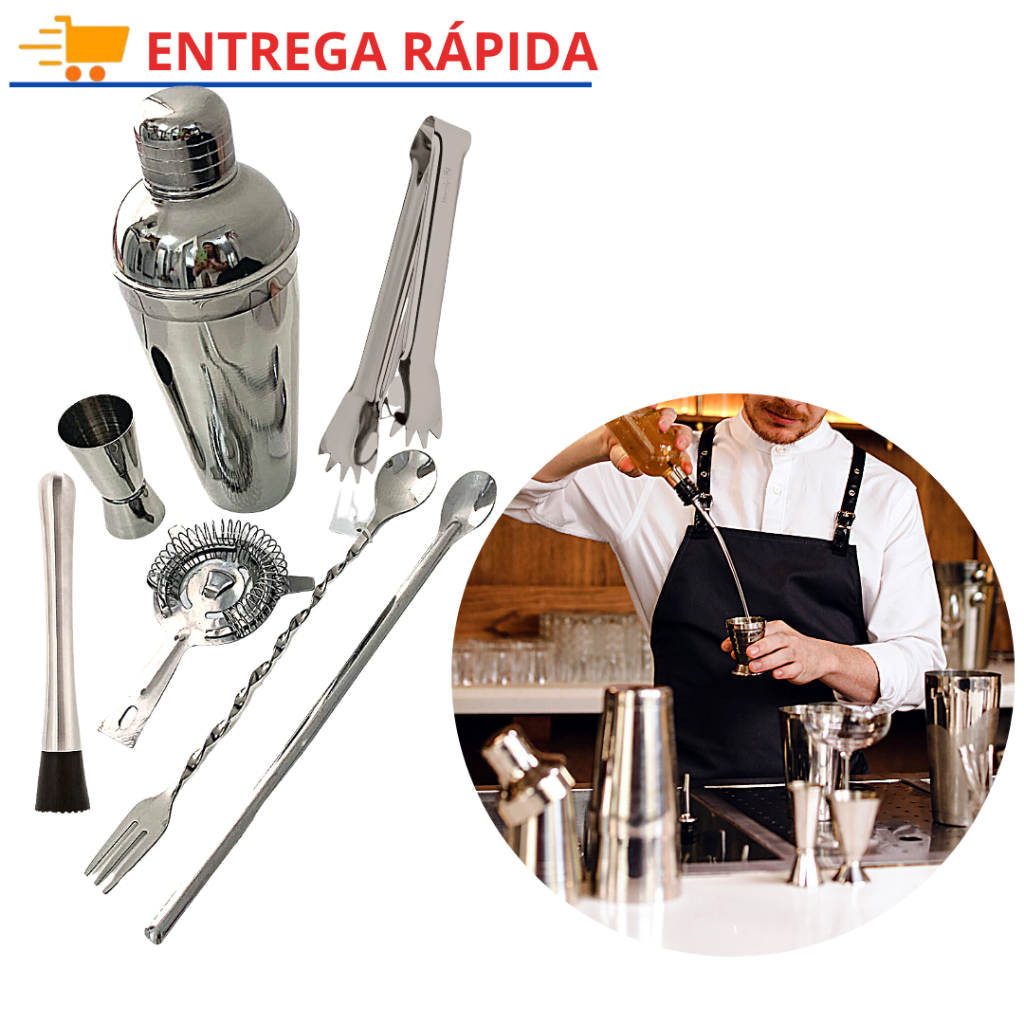 Kit Barman Profissional  7 Peças Utensilio para Coquetéis Drinks Gin Bebidas Caipirinha Bartender  Bar Restaurante Churrasco Festa