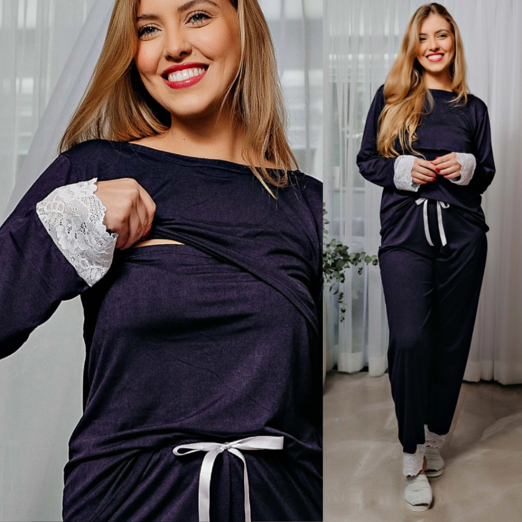 Pijama Amamentação Soft Fluffy Azul Marinho Com Renda Branca em Oferta na Shopee
