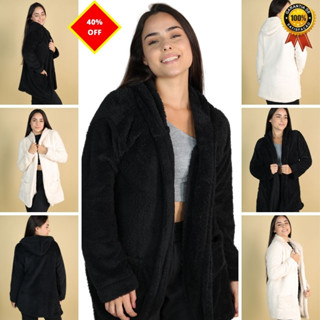 Casaco Teddy Feminino Preto Branco Off Blusa de frio Feminina Longo Bear Pelúcia Jaqueta Ted Com Forro Inverno Casaco de Pele Sintética Promoção