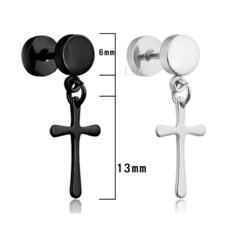 Brinco Alargador falso com Cruz  Prata  Preto 8mm para orelha furada Masculinos