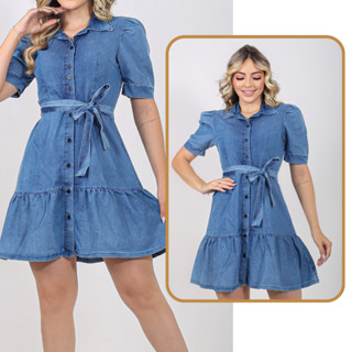 Vestido Jeans com Manga Bufante