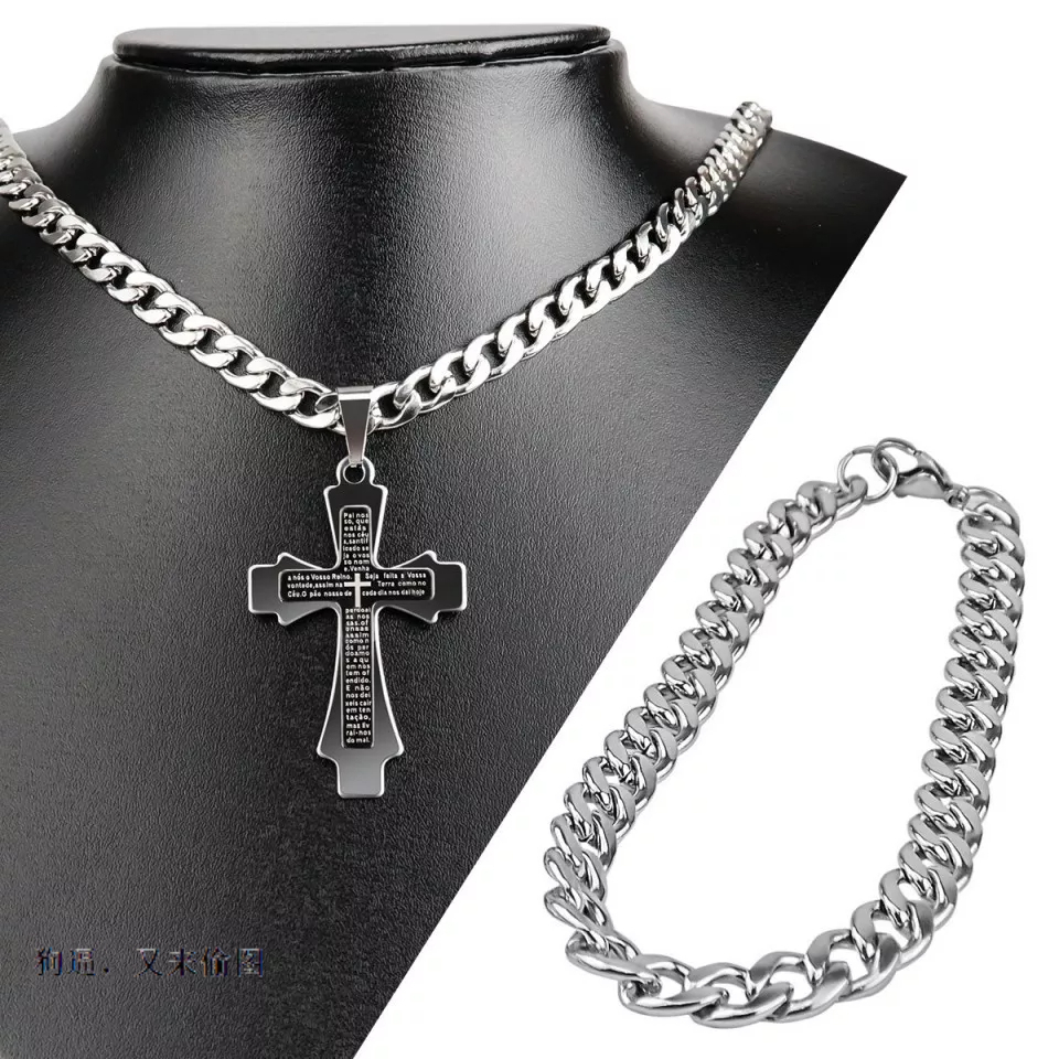 Kit colar Corrente cordão masculino Cruz prata prateado aço inox pingente placa Crucifixo pai nosso com pulseira Prata